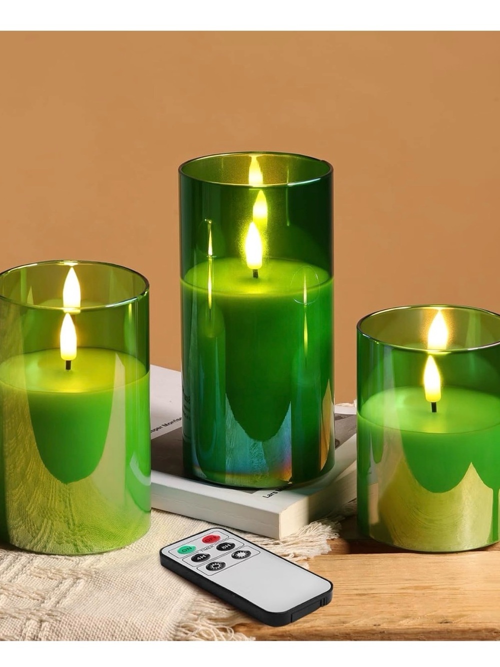 Set of 3 Iridescent Green Glass Cylinder Vases/Candle Holders - New In Box